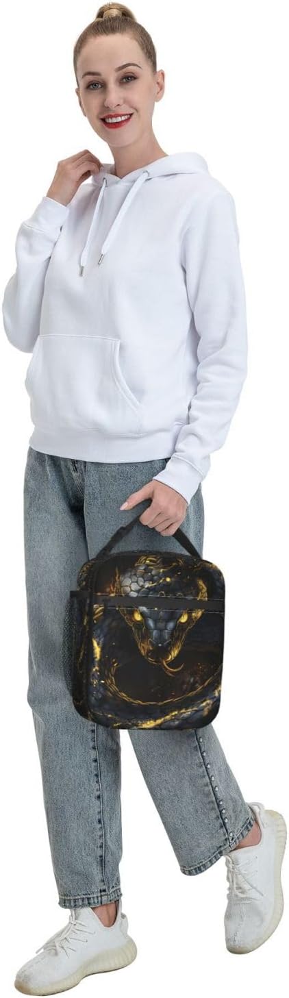 Fierce Snake Lunch Box for Women Adults Kids, Insulated Cooler Polyester Glowing Gold Accents Lunch Bag for Picnic, School, Office, Travel, Work, Portable Reusable Tote Thermal Lunch Bags