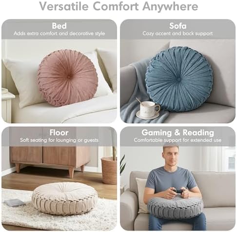 Intelligent Design Loretta Round Chenille Tufted Floor Pillow with Elegant Pleated Design, Large Boho & Vintage Decorative Throw Pillow for Sofa, Bed, or Chair, 22" x 6", Grey