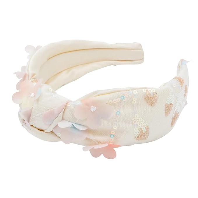 Knotted Headband for Women (White with Pink Florals), Wide Knotted Headband in White Satin with Pink Floral Appliques and Sequins
