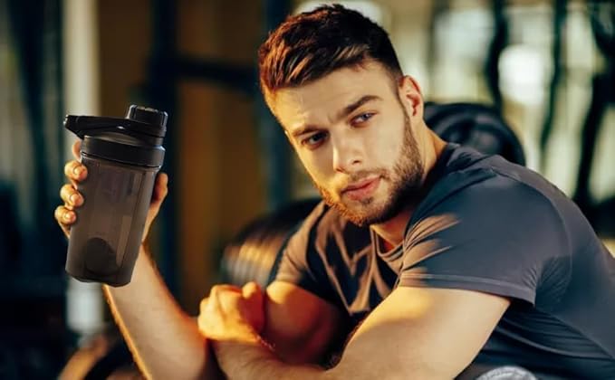 Shaker Bottle in Dark Black w. Stylish Mechanic Design (Twist Cap Lockable Anti-Leaking Fixed w. Slim Arm,Large Moden Loop),Strong Body Anti-Drop,Hard 1.77" Non-Metal Mixer Ball,BPA Free,16 OZ/ 500 ML