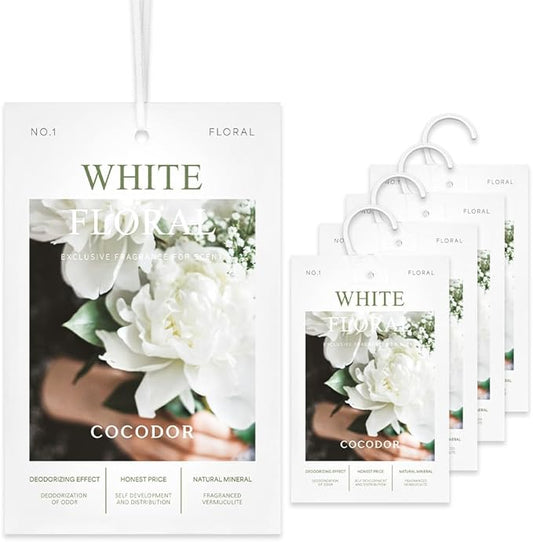 COCODOR 5 Packs White Floral Scented Sachets/Air Freshener Sachets Bags for Drawers, Closet, Cars, Long-Lasting Deodorizers Fresh Scents, Home Fragrance