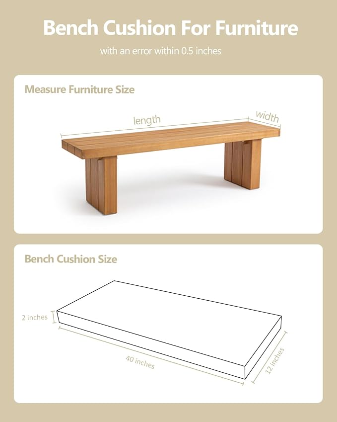 40x12x2 Outdoor Bench Cushion, Strengthen Waterproof Seat Cushions, High-Density Bench Pad with Anti-Slip Bottom, Outdoor Cushion for Patio Garden Swing Furniture - Beige