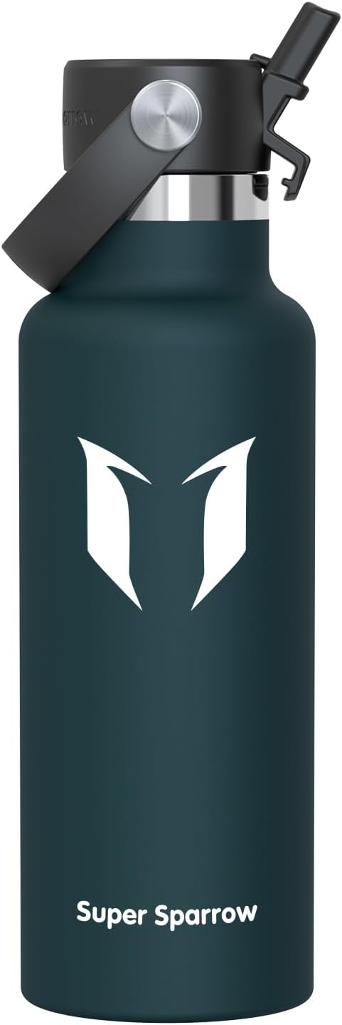 Super Sparrow Insulated Water Bottle - 17 Oz / 25 Oz / 32 Oz - Standard Mouth FlipFlow Flask - BPA Free, Leak Proof Drink Bottle- Ergonomic Straw Water Bottles for Work, Gym, Travel, Sports