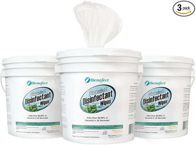 Benefect Botanical Disinfectant Wipes – 750 Sanitizing Wipes. 3 Pack of 250 Wipes Per Unit - High Traffic - Gym Wipes, Schools and Food Safe Cleaning (250, 3)