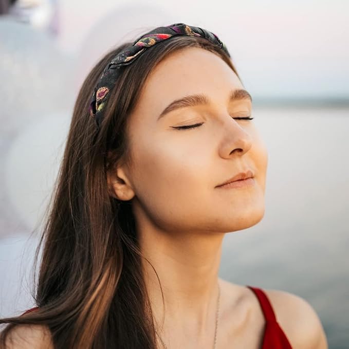 Madison Tyler Boho Headbands - Top Knot With Rhinestones, Non Slip for Outdoor & Party (Purple & Black)