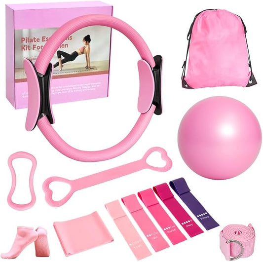 Home Pilates Essentials Kit for Women, with 5 Resistance Bands - Magic Circle Pilates Kit for Home Toning, Includes Yoga Ball, Stretch Strap & Gym Bag (13-Piece Complete Starter Set)