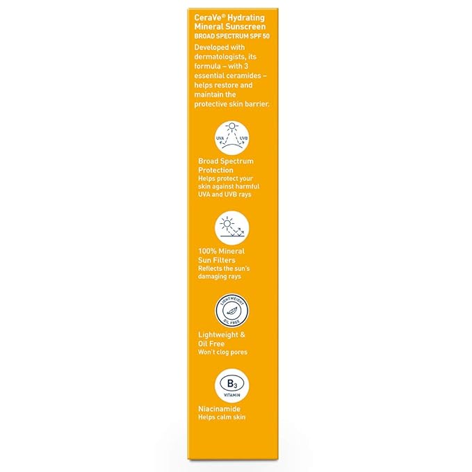 CeraVe 100% Mineral Sunscreen SPF 50, Face sunscreen With Zinc Oxide & Titanium Dioxide, Hyaluronic Acid + Niacinamide + Ceramides, Oil Free, Travel Size 2.5 oz