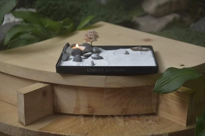 Handmade Zen Garden Pebble Tealight Candle Holder Set Quiet Spring with Free Zen Garden Tools, Sand, Base Tray and Accessories