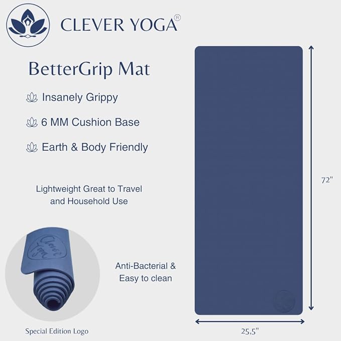 Clever Yoga Better Grip Thick Yoga Mat - Beginner Exercise Yoga Mat with Non-Slip Surface for Home Gym, Earth-Friendly & Recyclable Pilates and Workout Pad Women & Men, 1/4 Inch Thick