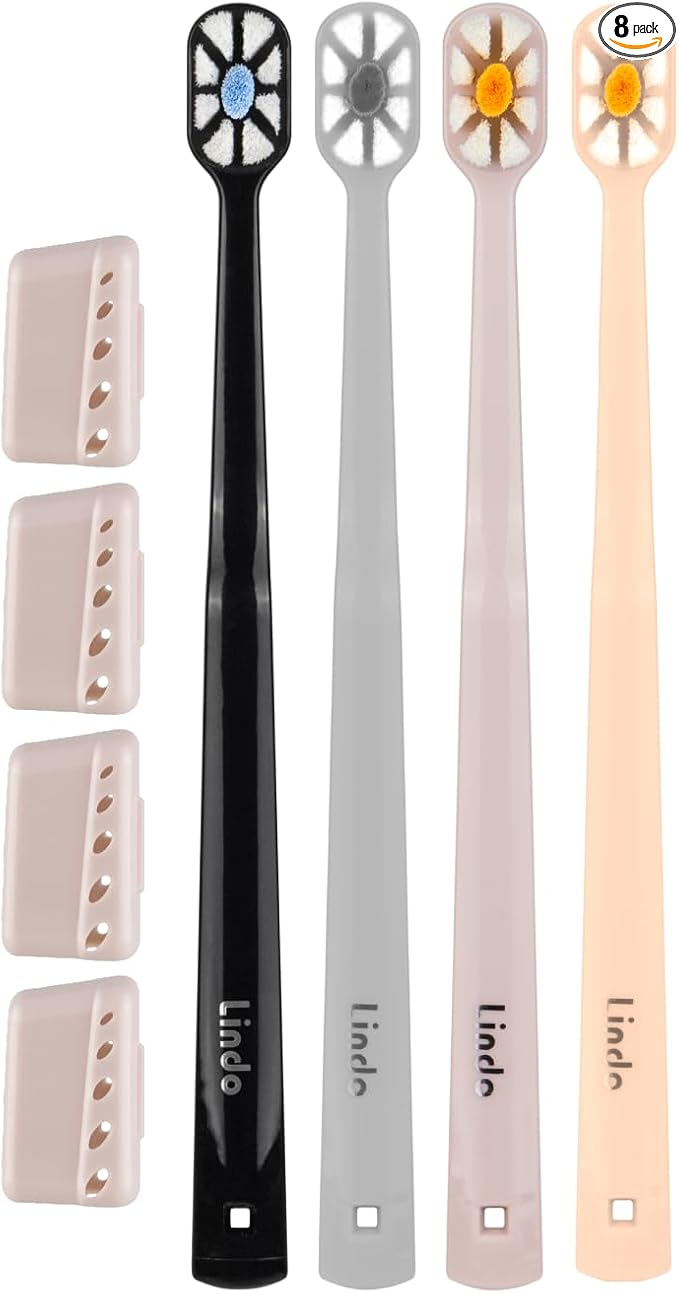 Lindo Polishing Toothbrush - for Sensitive Gums and Teeth, 12000+ Ultra Fine Bristles, Soft and Gentle, Deep Clean, Pack of 8 with 4 Toothbrushes and 4 Toothbrush Travel Caps