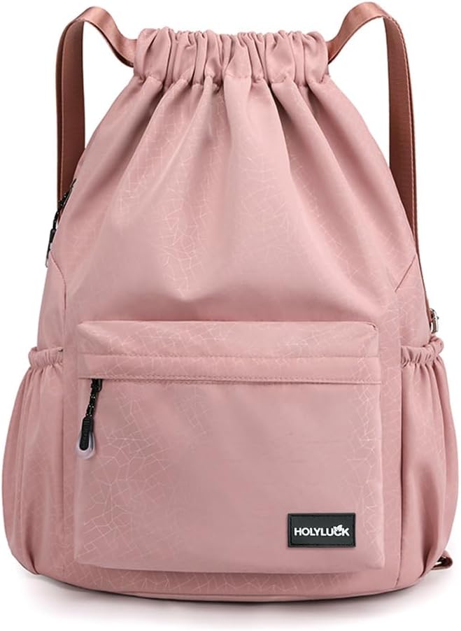 HOLYLUCK Drawstring Backpack Sports Gym Bag Water Resistant String Bag Cinch Sackpack with Side Zipper Pocket for Shopping Sport Yoga -pink