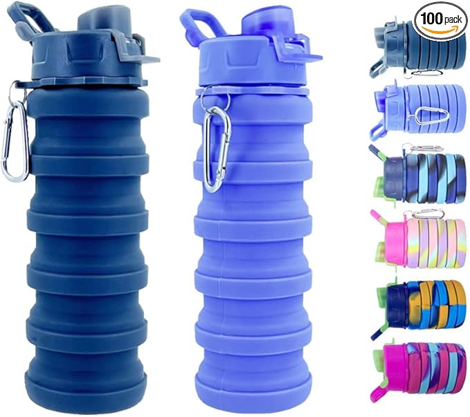 Collapsible Water Bottles 2 Pack Silicone Water Bottle with Carabiner Expandable Water Bottle 500ml Portable Sport Water Bottle for Travel Camping.(Black+Purple)