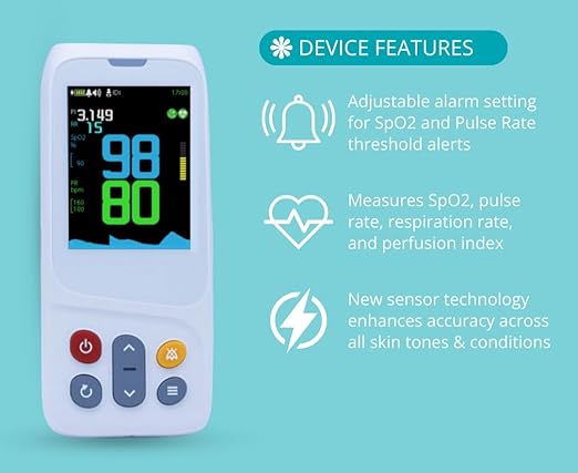 CMI Health CH-100 Handheld Pulse Oximeter - Measures Oxygen Level, Pulse Rate & Respiration Rate - Adjustable Audio & Visual Alarm - 1440 Hours of Continuous Data Storage