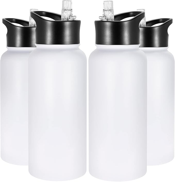 32 oz Insulated Water Bottle Bulk 4 Pack, Stainless Steel Sports Water Bottles with Straw Lid & Wide Mouth Lids, Double Walled Vacuum, Leak Proof, White
