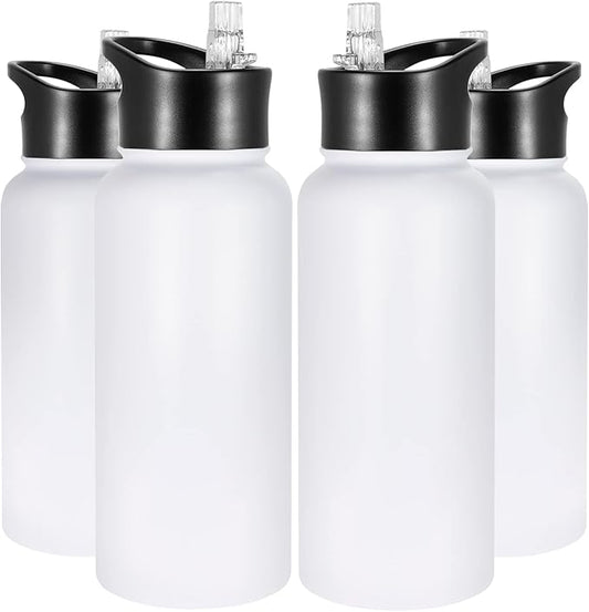 32 oz Insulated Water Bottle Bulk 4 Pack, Stainless Steel Sports Water Bottles with Straw Lid & Wide Mouth Lids, Double Walled Vacuum, Leak Proof, White
