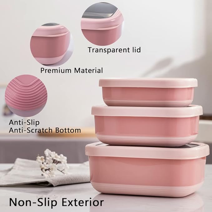 Lille Home Leak Proof Stainless Steel Lunch Snack Containers Set - Ideal for Educational Settings and Daycare - Nesting Trio with Silicone Lids - 47oz+30oz+16oz - Dark Pink