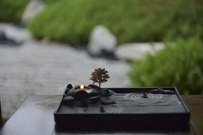 Handmade Zen Garden Pebble Tealight Candle Holder Set Quiet Spring with Free Zen Garden Tools, Sand, Base Tray and Accessories