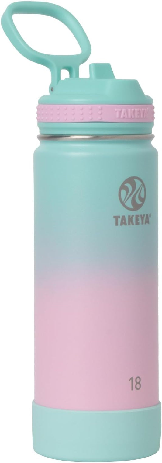 Takeya Actives Water Bottle with Straw Lid - Durable & Easy-Care Water Bottle with Stainless Steel Insulation - BPA-Free Lid with Carry Handle & Straw - Dishwasher-Safe - 18 oz, Ombre Dream
