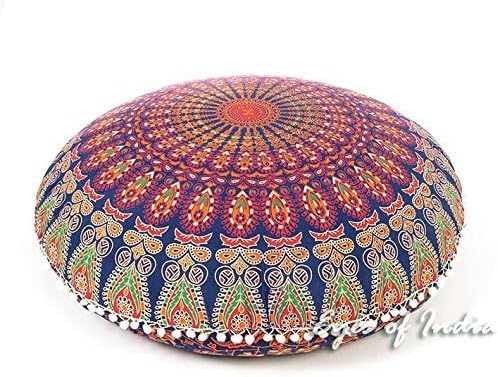 Eyes of India - Mandala Floor Pillow Cover Meditation Cushion Seating Throw Hippie Round Colorful Decorative Bohemian Indian Pouf Ottoman Handmade Cover ONLY (A1 Dark Blue-2, 32" x 32")