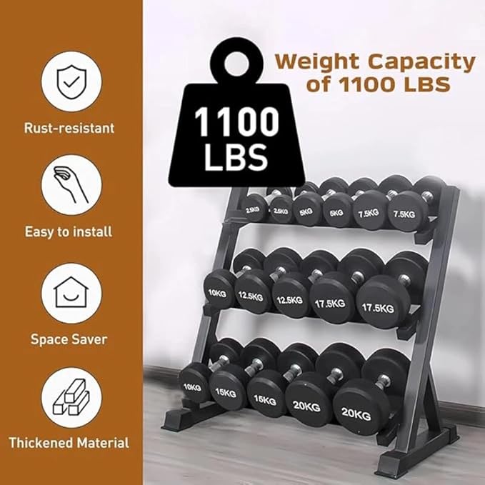 3 Tier Dumbbell Rack, Heavy Duty Weight Rack for Home Gym, Holds Dumbbells & Kettlebell Set, Dumbell Rack Stand Only with Shelf, 1100LBS Capacity