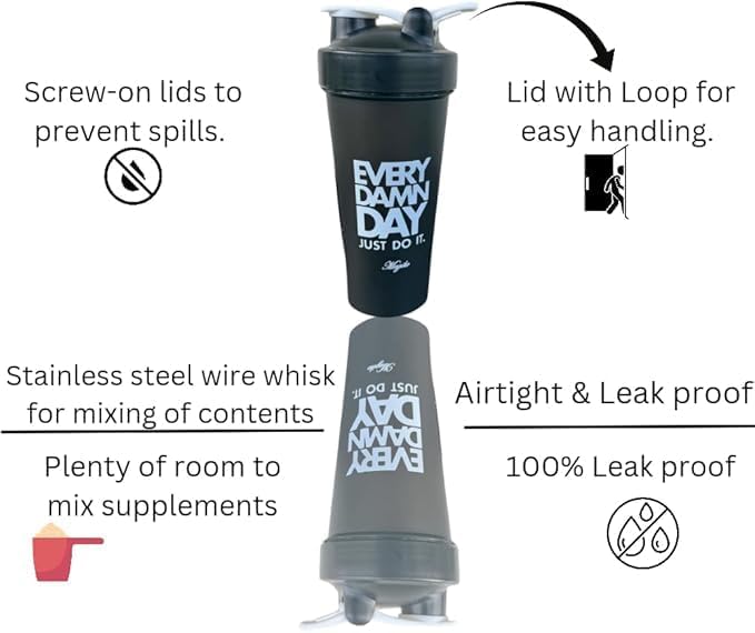 Magiko Blender Shaker Bottles for Protein, 28oz Portable Leakproof Pre-Workout Nutrition Water Bottle, BPA-Free Gym Protein Shaker for Sports & Outdoor Motivational Protein Shaker (Two Black)