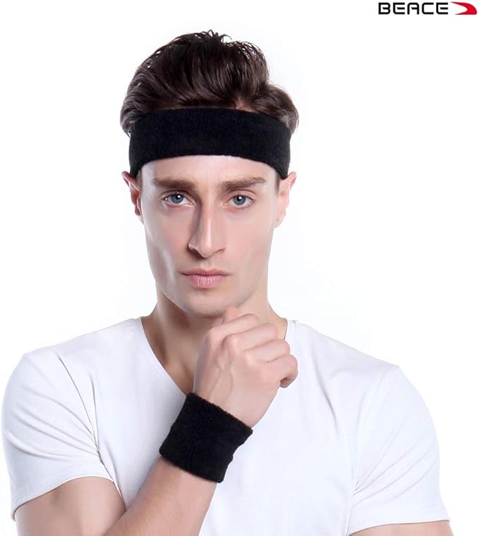 BEACE Sweatbands Sports Headband for Men & Women - 6PCS Moisture Wicking Athletic Cotton Terry Cloth Sweatband for Tennis, Basketball, Running, Gym, Working Out