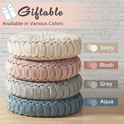 Intelligent Design Loretta Round Chenille Tufted Floor Pillow with Elegant Pleated Design, Large Boho & Vintage Decorative Throw Pillow for Sofa, Bed, or Chair, 22" x 6", Blush