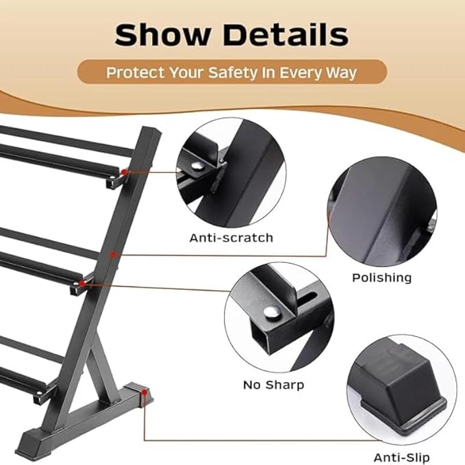 3 Tier Dumbbell Rack, Heavy Duty Weight Rack for Home Gym, Holds Dumbbells & Kettlebell Set, Dumbell Rack Stand Only with Shelf, 1100LBS Capacity