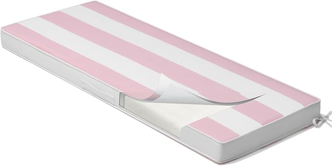 Crestlive Products Outdoor Bench Cushion 48 x 18 Inch, Waterproof Patio Bench Cushions for Outdoor Furniture, Porch Swing Replacement Pad with 30D Foam, Adjustable Straps, Pink White Stripe