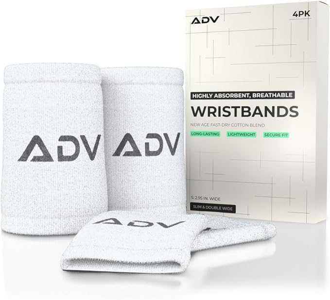 ADV Tennis Wristbands with New Age Polyester Cotton Blend - Ultra Absorbent Wrist Sweatbands - Doublewide & Slim Wrist Bands for Sweat - 4 Pack or 2 Pack