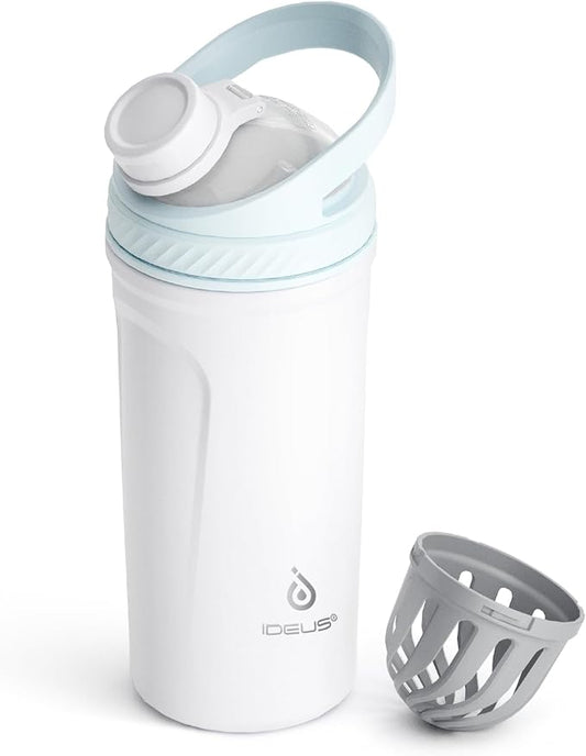 Ideus Protein Shaker Bottle 24oz(710ml) Insulated Stainless Steel Shaker Bottle with Silent Tritan Ball Portable Pre Workout Shaker Cups for Protein Shakes, Smoothies, Cocktails, White