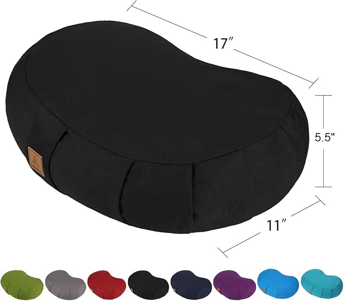 Crescent Zafu Meditation Pillow, D=17" W=11" H=5.5" Zabuton Yoga Bolster, Meditation Cushion, Floor Pouf Yoga Pillow Zippered Organic Cotton Cover Natural Buckwheat kneeling pillow - Large