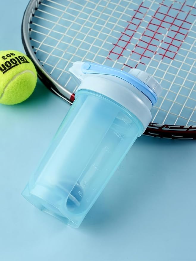 A Stylish Blue Shaker Bottle w. Clear Cup BPA Free,Made of PP5,Measurement Marks of 16 OZ/500 ML & 1.57" Plastic Whisk Ball,Anti-Leaking Twist Cap Fixed w. Slim Arm & Large Moden Loop,Easy to Clean