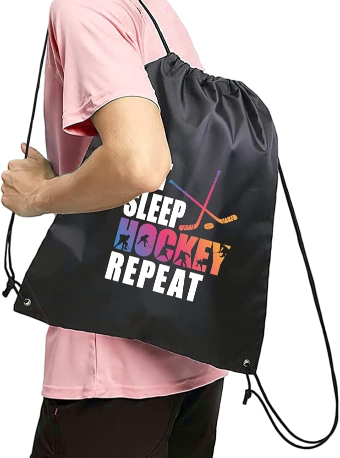Haizct Eat Sleep Hockey Repeat Backpack, Gifts for Hockey Fans, Gymnasts Gift, Unisex Drawstring Backpack Bag for Gym Shopping Sport Yoga Dance Rehearsa