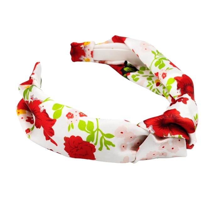 Knotted Headband for Women (Red Floral), Wide Knotted Headband in White Satin with Red and Yellow Floral Pattern