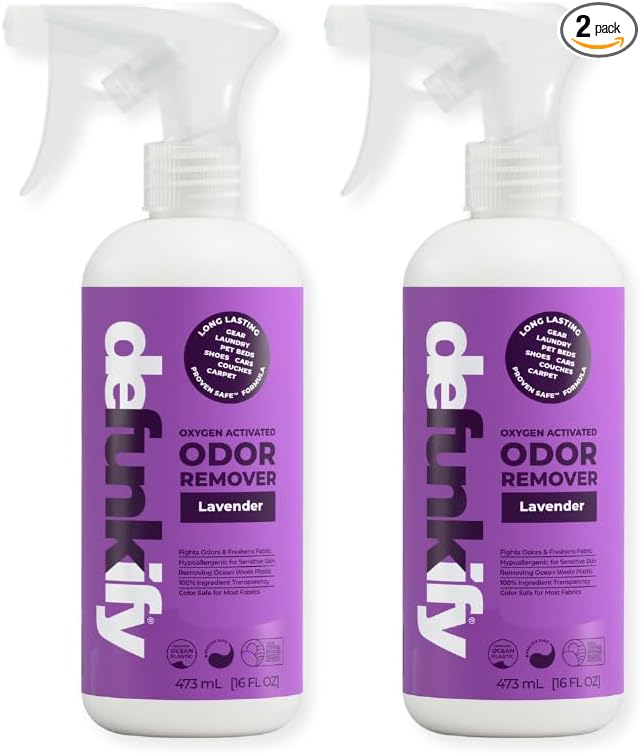Odor Remover Spray, 16oz (2-Pack). 'Lavender' Essential Oil Odor Eliminator for Strong Odors on Fabric, Shoes, Activewear. 'ProvenSafe' Deodorizer for Pets, Kids & Sensitive Gear w/Ionic Silver