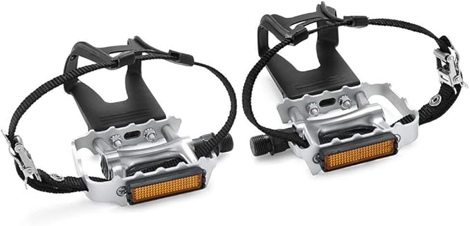 Bike Pedals with Clips and Straps for Outdoor Cycling and Indoor Stationary Bike 9/16-Inch Spindle Resin/Alloy Bicycle Pedals
