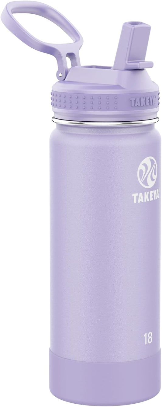 Takeya Actives Water Bottle with Straw Lid - Insulated Stainless Steel Water Bottle with Straw Lid - Dishwasher Safe Bottle & Lid - Durable Water Bottle with Easy Carry Lid - 18 oz, Lavender Fields