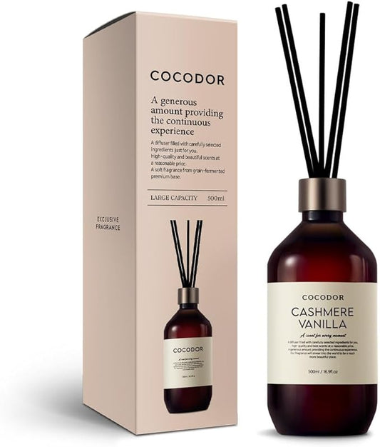 COCODOR Premium Reed Diffuser/Cashmere Vanilla /16.9oz /1 Pack/Large Capacity Fragrance Scent Oil Stick Diffuser Set for Bedroom Bathroom Home Décor