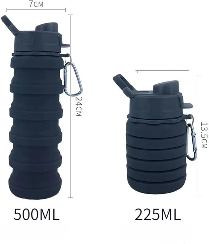 Collapsible Water Bottles 2 Pack Silicone Water Bottle with Carabiner Expandable Water Bottle 500ml Portable Sport Water Bottle for Travel Camping.(Black+Purple)