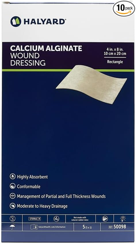 HALYARD Calcium Alginate Wound Dressing, Gentle Adhesive Highly Absorbent Conformable Design, Maintains Structural Integrity 4 Inch x 8 Inch (Box of 10)
