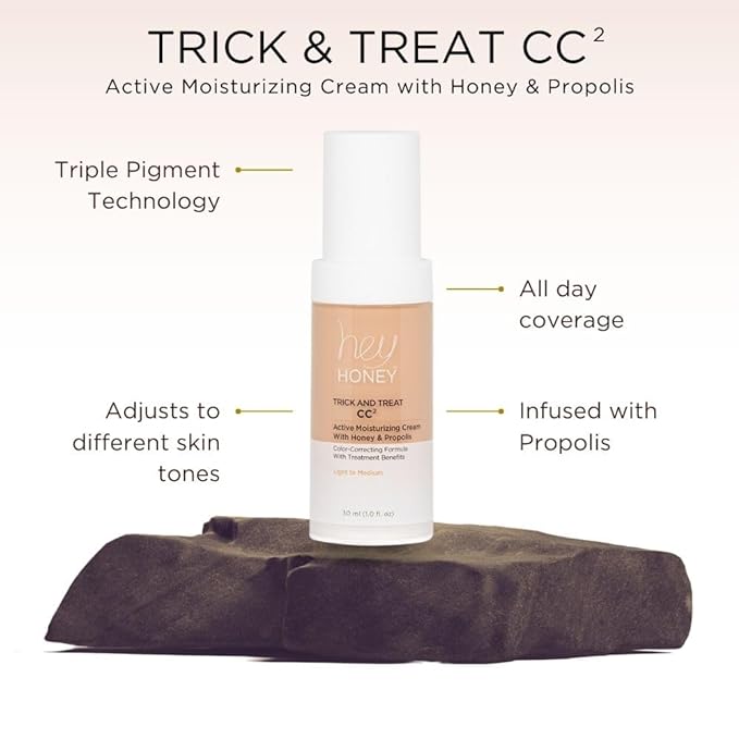 Hey Honey Trick and Treat CC Cream SPF 46 | Active Moisturizing Color Correcting Cream with Honey & Propolis | Best Cover For Rosacea, Skin Redness & Mature Skin | Cruelty-Free | 1 oz (Light-Medium)