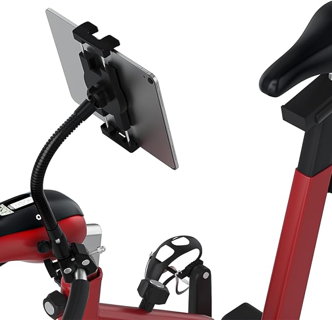 Gooseneck Metal Spin Bike Tablet Holder Mount, Indoor Handlebar iPad Holder for Treadmill, Exercise Bike, Stationary Bicycle, Peloton, Elliptical for iPad Pro 12.9 Air Mini, Galaxy Tabs, Phones(4-13”)