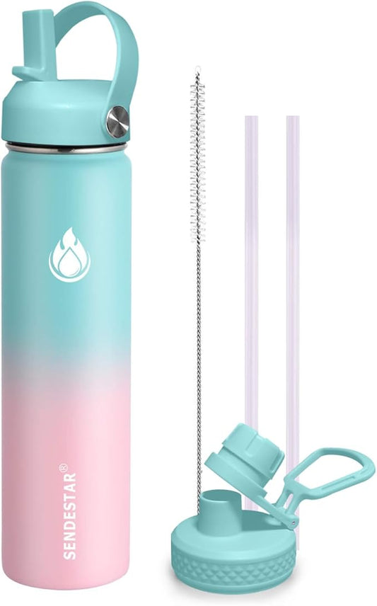 SENDESTAR Stainless Steel Wide Mouth Water Bottle 24oz Double Wall Vacuum Insulated Leak Proof Bottle with New Flex Straw Lid & Spout Lid