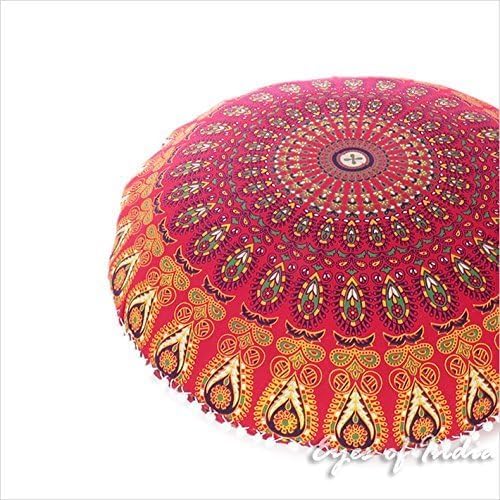 Eyes of India - Mandala Floor Pillow Cover Meditation Cushion Seating Throw Hippie Round Colorful Decorative Bohemian Indian Pouf Ottoman Handmade Cover ONLY (A1 Red, 32" x 32")