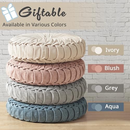 Intelligent Design Loretta Round Chenille Tufted Floor Pillow with Elegant Pleated Design, Large Boho & Vintage Decorative Throw Pillow for Sofa, Bed, or Chair, 22" x 6", Iovry