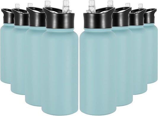 32 oz Insulated Water Bottle Bulk 8 Pack, Stainless Steel Sports Water Bottles with Straw Lid & Wide Mouth Lids, Double Walled Vacuum, Leak Proof, Turquoise Blue