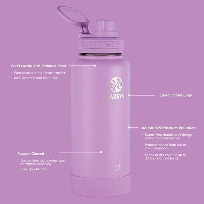 Takeya Actives Water Bottle with Spout Lid - Bottle with Double Stainless Steel Insulation - Dishwasher Safe & BPA-Free - Bottle with Spout Lid & Removable Bumper - 24 oz, Lilac