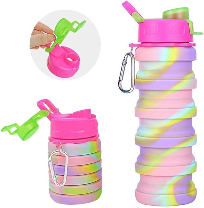 Collapsible Water Bottles 2 Pack Silicone Water Bottle with Carabiner Expandable Water Bottle 500ml Portable Sport Water Bottle for Travel Camping.(Black+Purple)