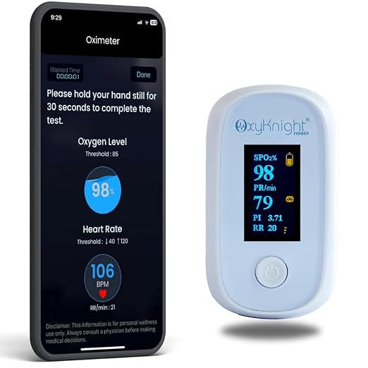 Bluetooth Fingertip Pulse Oximeter - Measures Oxygen Level, Pulse Rate & Respiration Rate - Compatible with Mobile App - Audio Alarm - Battery Life Up to 24hrs of Use